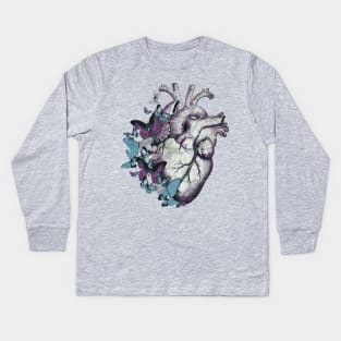 Heart in love, vintage effect watercolor blue butterflies, Heart, anatomical Human heart Kids Long Sleeve T-Shirt